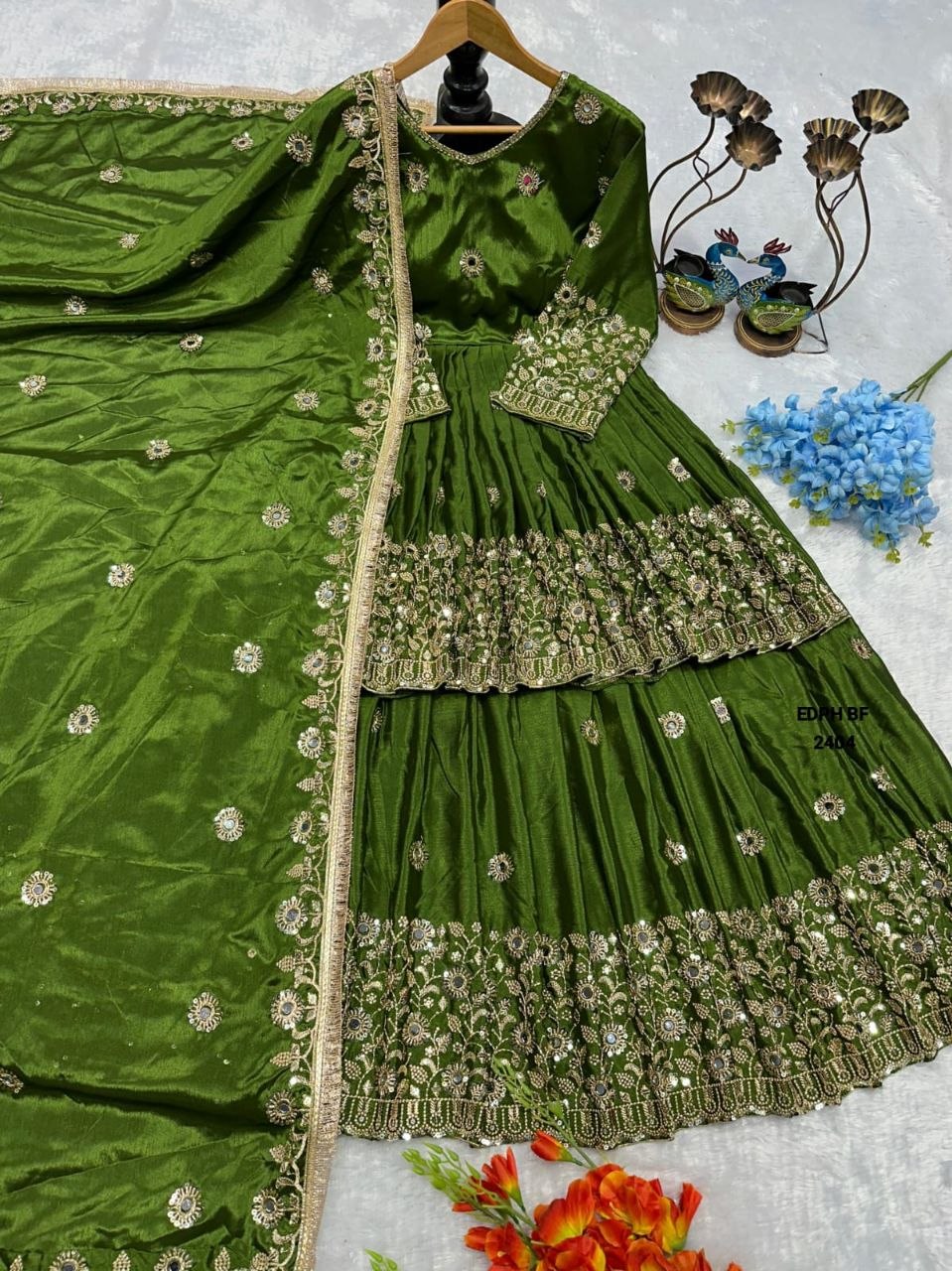 Bottle Green Lehenga with Gold Embroidery